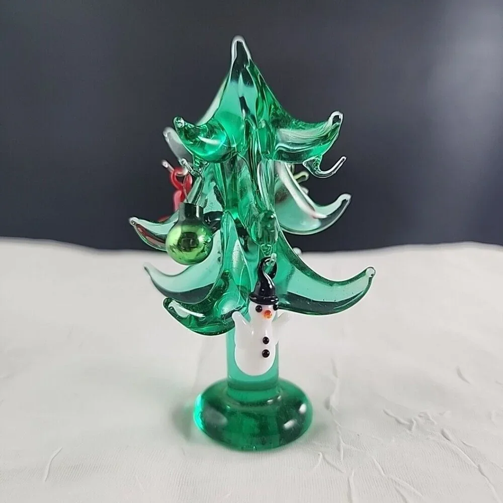 Vintage Art Glass Christmas Tree 4" with miniature ornaments green figurine deco - Picture 4 of 7